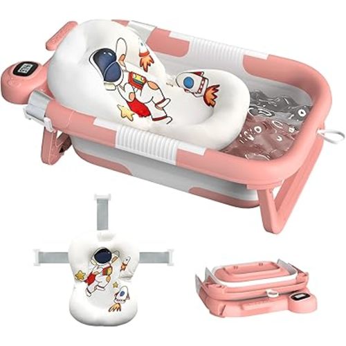 Collapsible Baby Bathtub for Newborn to Toddler (0-24 Months), Portable Baby Bath Tub for Travel, Newborn Bathtub with Soft and Supportive Cushion (Astronaut-Pink)