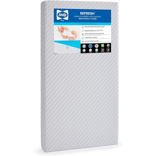 Sealy Baby Refresh Breathable Crib Mattress, GREENGUARD Gold Certified, Made in USA, Removable Knit Cover, 2 Stage, Toddler Bed Fit, Safety & Quality Tested, 52x28