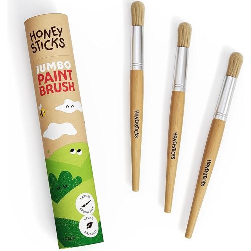 Honeysticks My First Paint Brush Set - 3 Pack: Ideal for Babies and Toddlers. Jumbo Brushes with Chubby Wood Handles for Easy Grip, Vegan. Includes Handy Storage Container