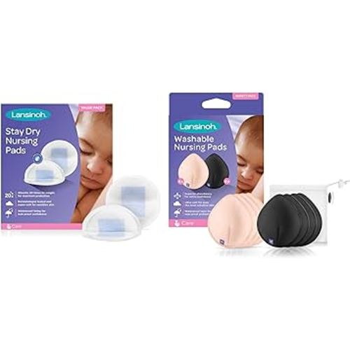 Lansinoh Stay Dry Disposable Nursing Pads, 200 Count, and Reusable Nursing Pads, 8 Washable Pads, Pink and Black, for Breastfeeding Mothers