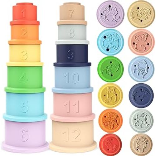 Maliton Stacking Cups Toy, Fun Educational Soft Silicone Baby Stacking Cups, with Number Letter Animal, Toddler Stacking Toys for Learning & Development for 6 Month+ (2 Set, Macaron Color)