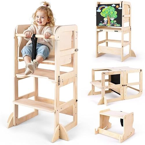 6 in-1 Toddler Kitchen Step Stool with Wooden Stool, Foldable Learning Standing Tower with Blackboard & Feeding Tray, Wooden Kitchen Stool Helper for Kids, 1-3 Year Old Boy Girl Gifts