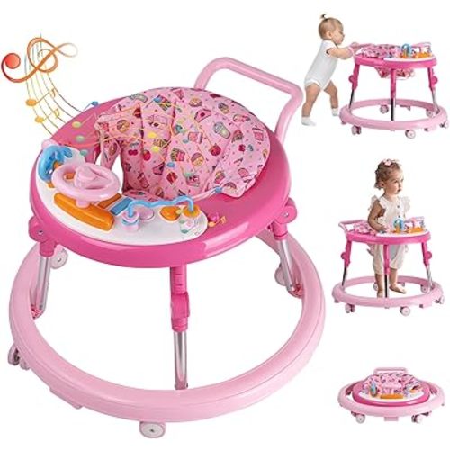 Baby Walker Foldable, Baby Walkers and Activity Center for Boys Girls Babies 6-18 Months with Feeding Tray & Music, and 5 Adjustable Heights, Baby Walker with Wheels…