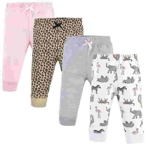 Hudson Baby Infant and Toddler Girl Cotton Pants 4pk, Modern Pink Safari, 3-6 Months