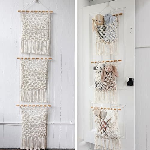 Sasa Macrame Over Door Organizer - 3-Tier Hanging Organizer with Canvas Pouch & Door Hook, Nursery Decor, Kid's Room, Playroom, Dorm, Storage for Stuffed Animals, Plushies, Blankets, Baby Essentials