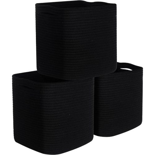 MINTWOOD Design 3-Pack 11x11 Inch Cube Storage Bin, Woven Storage Cube Organizer, Closet Organizer, Cute Square Storage Bins, Decorative Classroom Bathroom Pantry and Shelf Baskets, Full Black
