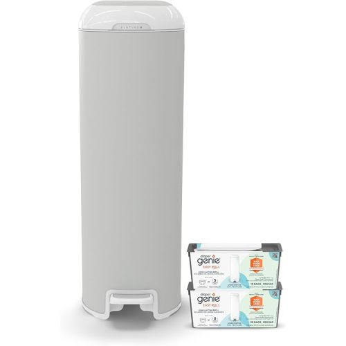 Platinum Diaper Pail Stone Grey, Made of Durable Stainless Steel, Convenient Easy to Use Hands-Free Operation, Odor-Locking Pail, Includes 2 Easy Roll Refill with 18 and 30 Durable Bags