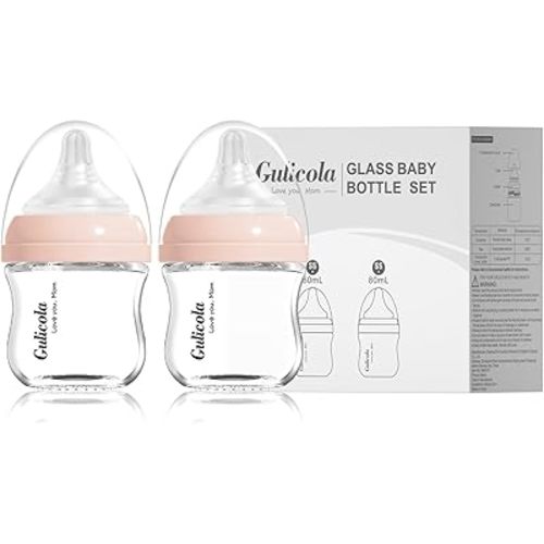 Small Glass Baby Bottle for Newborn Breastfeeding Babies, Preemie & Extra Slow Flow Nipples (SS), Anti-Colic, Breast-Like, 0 Months+, 3 oz, 2 Pack - Pink