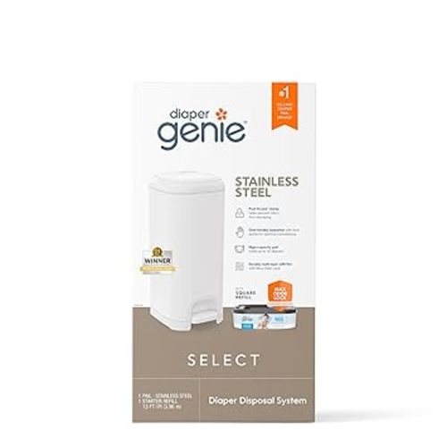 Diaper Genie Select Pail is Made of Durable Stainless Steel and Includes 1 Starter Square Refill That can Hold up to 165 Newborn-Sized Diapers.