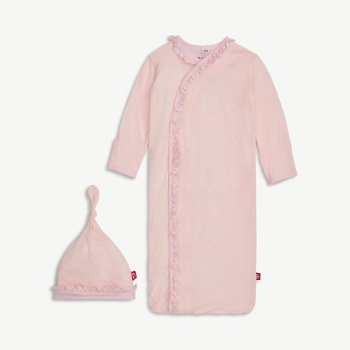 pin dot pink modal magnetic cozy sleeper gown + hat set with ruffles – Magnetic Me