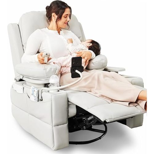 Rocking Chair Nursery with Adjustable Armrests, Electric Glider Recliner Nursing Chair for Breastfeeding, Power Swivel Recliner Chairs with USB Port and Storage, FSC Certified (Vanilla)