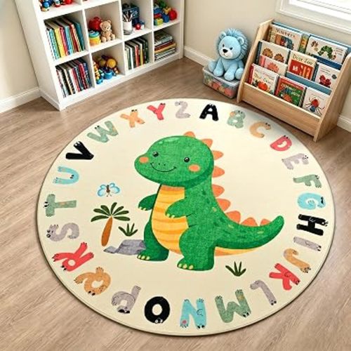 TWINNIS Kids Animal Print Round Rug for Playroom, Alphabet Washable Area Rugs for Boy Girl Baby Toddler Children, 5x5 Cute ABC Mat Play Carpet Nursery Bedroom Decor, Dinosaur