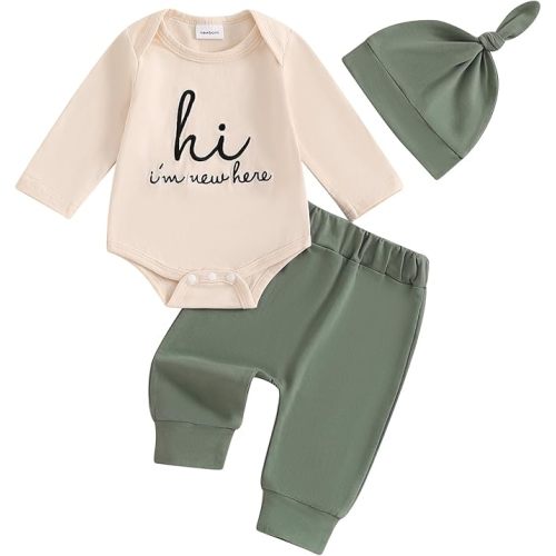 Twopumpkin Newborn Baby Boy Girl Clothes Outfits Short Sleeve Romper Bodysuit Cotton Pants and Hat Coming Home Outfit