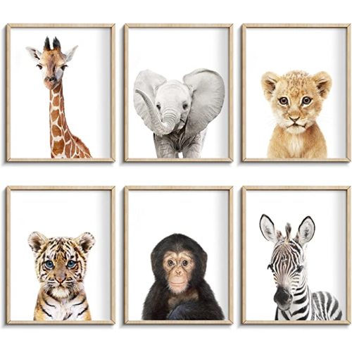Set of 6 Baby Safari Nursery Wall Decor - Picture Cute Animal Wall Prints on Canvas, under 20 dollars gifts for Baby Boys and Girls Room, UNFRAMED Wall Art