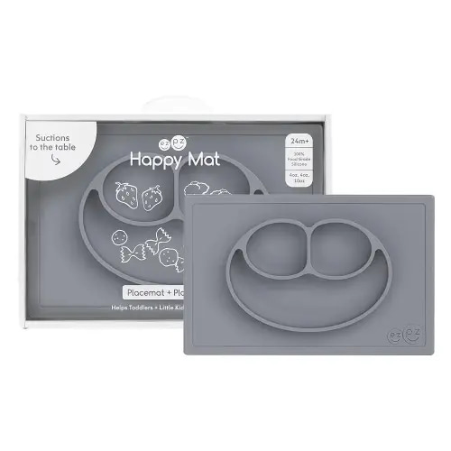 ezpz Happy Mat - 24 Months+ (Gray) - 100% Silicone Suction Plate with Built-in Placemat for Toddlers + Preschoolers - Divided Toddler Plates - Toddler Essentials