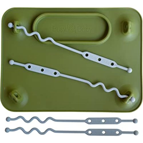 BUSY BABY Silicone Placemat-As Seen On Shark Tank-Built-in Suction Cups-4 Toy Tethers for Babies Toddlers and Kids-Food Grade Silicone-8.5 x 11 in-Comes with Travel Sleeve-Dishwasher Safe-Olive