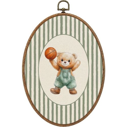 RUKUPA Vintage Basketball Bear Nursery Oval Wall Art, Sports Room Wall Hanging Decor, Green Striped Sports Bear Oval Canvas Artwork Framed Prints for Kids Boys Room Bedroom Playroom, 8.6x11.4 Inch