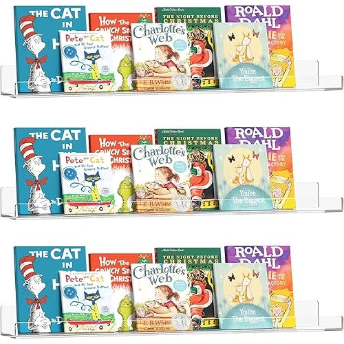36 inch Clear Acrylic Floating Shelves Wall, Bookshelf for Kids, Magazine Rack, Picture Ledge Shelf Storage of Books,Picture, Vinyl Records and Small Ornaments on Wall, Pack of 3