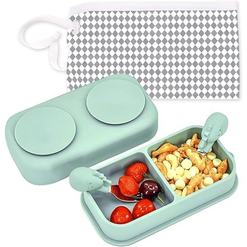 5PCS Travel Suction Plate for Baby, Portable Silicone Suction Plate to Go,Baby Divided Bowls Feeding Set with Travel Bag for Toddler Baby Plate(Sage Green)