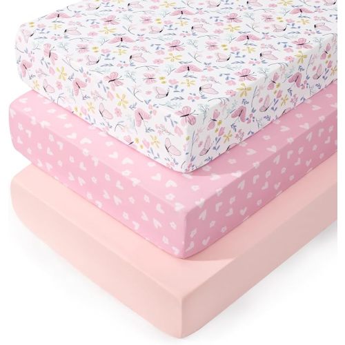 PHF 3 Pack Soft Butterfly Crib Sheets Fitted, Comfy Breathable Baby Sheets for Girls, 28x52 Inches Fits Standard Crib and Toddler Mattresses, Butterfly