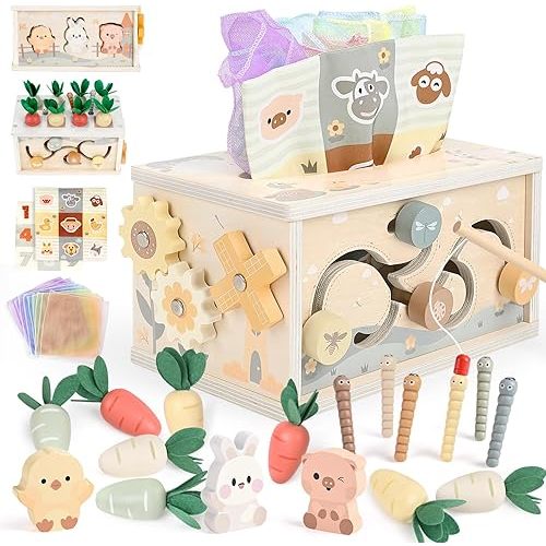 DINORUN Baby Tissue Box Toy - Baby Toys 18 Months 2 3 4 Years Montessori Toys for Babies 18 Months with Crinkle, Infant Activity Cube Sensory Christmas Stocking Stuffers Learning Toy for 2 3 4 Years