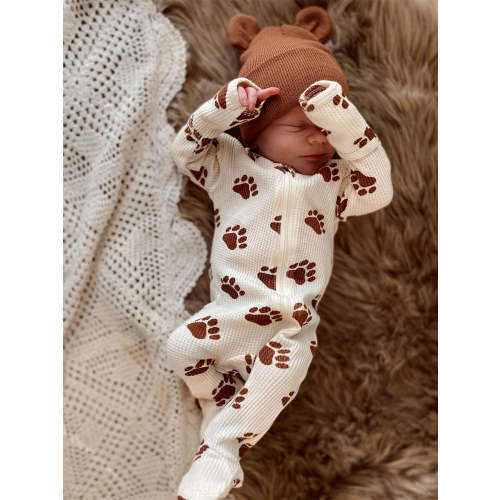 Organic Waffle Basic Zip Footie, Bear Paw