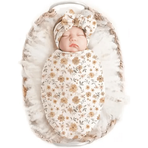 Konssy Baby Girl Newborn Receiving Blanket with Headband Set Baby Swaddle Nursery Swaddle Wrap