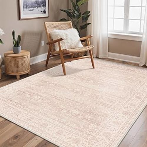 5x7 Area Rugs for Living Room, Machine Washable Rug, Non Slip Vintage Rugs, Low Pile Lightweight Print Rug for Bedroom, Dining Room, Home Office, Pink