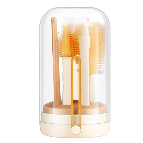 Portable Bottle Brush Set, includes Silicone Bottle Brush, Nipple Brush, Straw Brush, Soap Dispenser, Storage Box, Drying Rack, Baby Bottle Cleaner Kit for Home and Travel (Beige+Khaki)