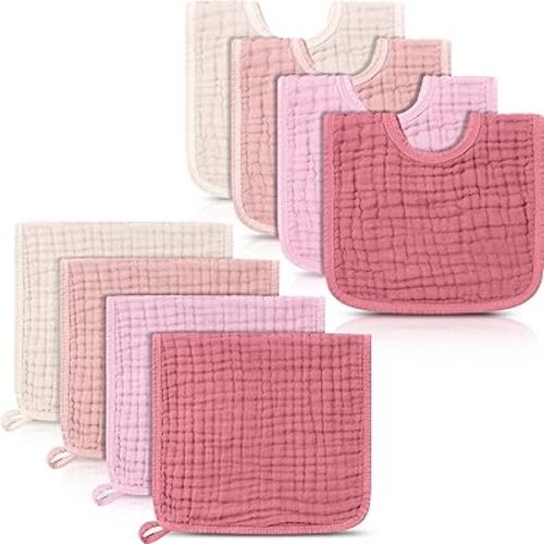 Tallew 8 Pack Muslin Burp Cloths and Baby Bibs for Boy Girls, Dark Rose