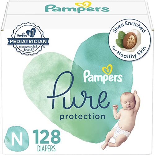 Diapers Size 0, 128 Count - Pampers Pure Protection Disposable Baby Diapers, Hypoallergenic and Unscented Protection, Enormous Pack (Packaging May Vary)