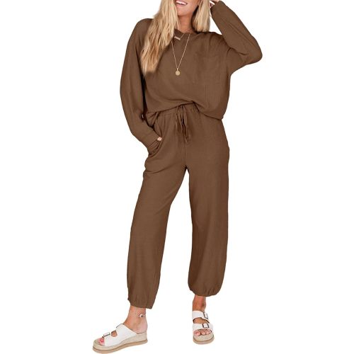 SHEWIN Women's 2 Piece Outfits Waffle Knit Lounge Sets Casual Long Sleeve Pullover Drawstring Jogger Pants Tracksuit Set