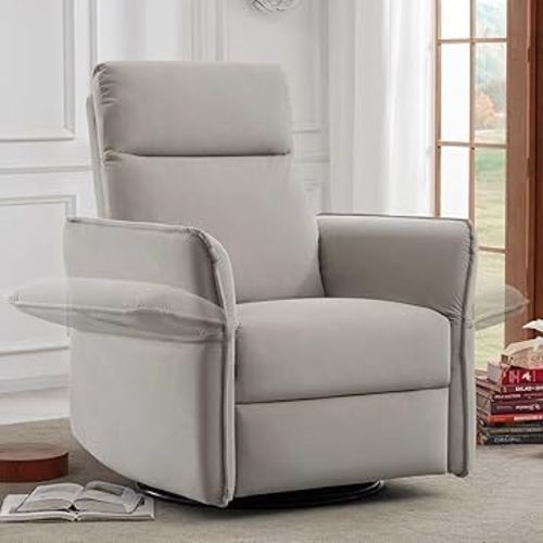 Swivel Rocker Recliner Chair, Nursery Glider with Adjustable Armrest, Upgraded Velvet Rocking Recliners Chair for Small Spaces, Living Room, Nursery, Light Grey