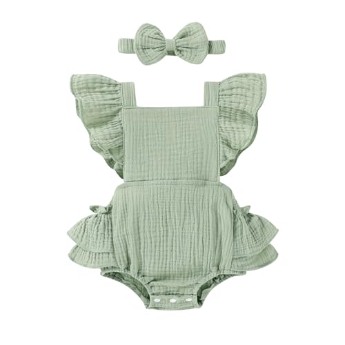 Happy Town Baby Girl Clothes Toddler Summer Linen Romper Sleeveless Ruffle Outfits Infant Girls Jumpsuit with Headband