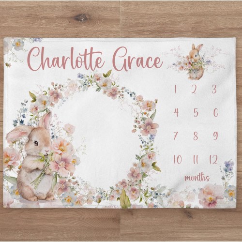 Bunny Milestone Blanket Personalized Baby Girl Month Flowers Blanket Floral Nursery Custom Newborn Age Tracker New Mom Baby Shower Gift