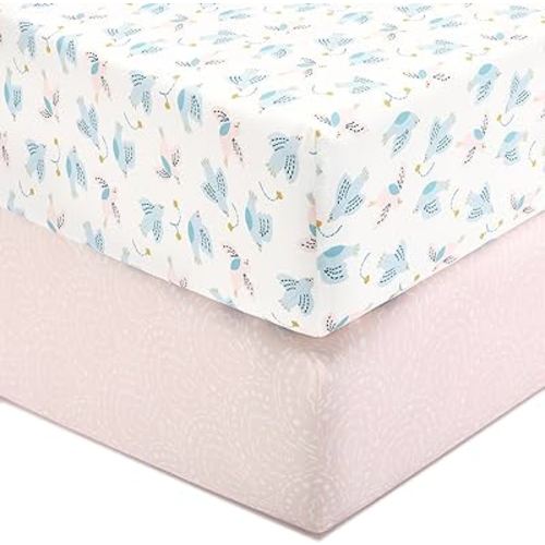 TILLYOU Baby Crib Sheets for Boys Girls, Fitted Crib Sheet 2 Pack for Standard Crib and Toddler Mattresses, Super Soft Toddler Bed Sheets, 28"x52"x8",Lucky Pony Peace Dove&Big Pink Flower