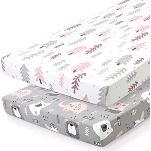 Pack n Play Sheets, BROLEX 2 Pack Mini Crib Sheets,Stretchy Portable Fitted Playard Sheet Set, Convertible Playard Mattress Cover,Ultra Soft Breathable Material,Jungle Animals