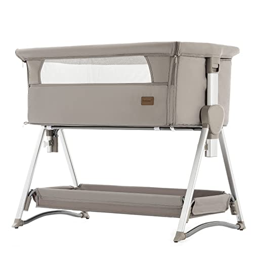 Baby Bassinet, Beside Crib, Automatic Rocking Cribs Newborn Infant Sleeping Bed, Portable Foldable Baby Travel Bed with Skin-Friendly & Breathable Mattress Height Adjust Suit for 0-6M Cradle (Khaki)