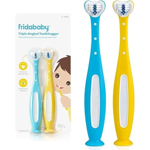 Frida Baby Triple-Angle Toothhugger Training Toddler Toothbrush | Toddler Toothbrush 2 Years and Up, Cleans All Sides at Once | 2 Pack (Yellow + Blue)