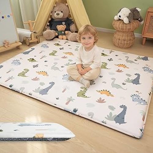 1.5" Thick Premium Baby Floor Play Mat, 71x59 Over-Sized Padded Memory Foam Mat, Tummy Time Crawling Playmat for Nursery Kids Playroom, Dinosaurs