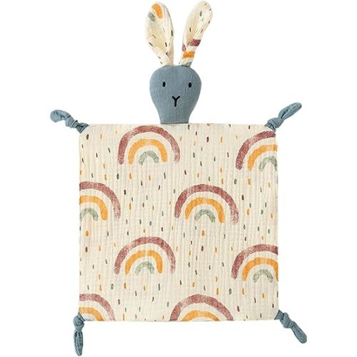Lovey Blanket for Boys and Girls, Organic Cotton Muslin Security Blanket for Babies, Soft Breathable Lovie Soothing Towel for Newborn and Infant (Blue| Bunny)