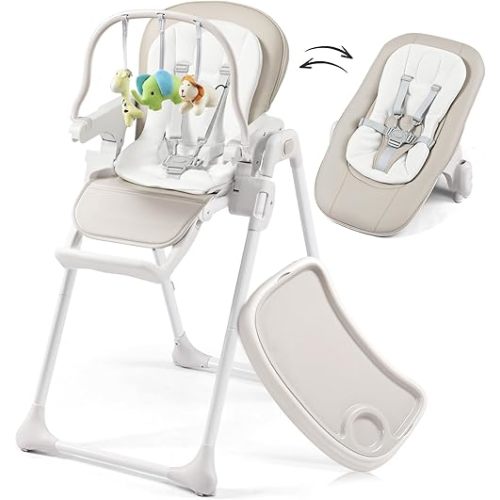 3-in-1 Convertible Baby High Chair, 6 Height & 3 Recline Adjustable High Chairs for Babies and Toddlers, Foldable High Chair with 3 Detachable Toys, Built-in Rear Wheels, Removable Seat & Tray, Taupe