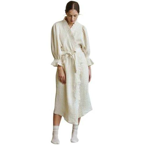 NOTHING FITS BUT Muslin Gauze Maternity Robe for Hospital, Nursing Nightgown Puffed Sleeves Cotton Delivery Gown