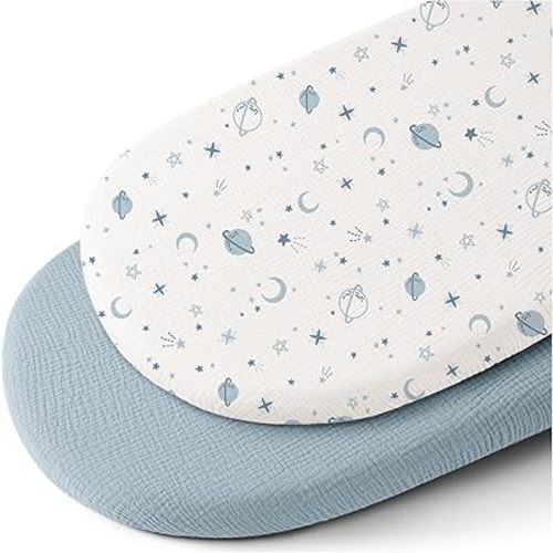 Konssy Muslin Bassinet Sheets for Baby Girl Boy, 2 Pack Soft Breathable Baby Bassinet Mattress Sheets Fit for Hourglass Oval Cradle, Moses Basket Rectangle Mattress (Star,Blue)