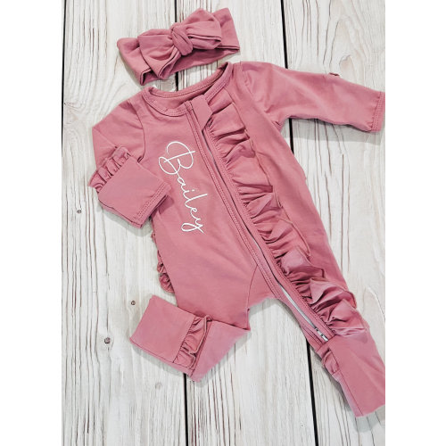 Baby girl coming home outfit, footies plus headband, soft cotton, zipper footies personalized romper, baby girl name reveal outfit