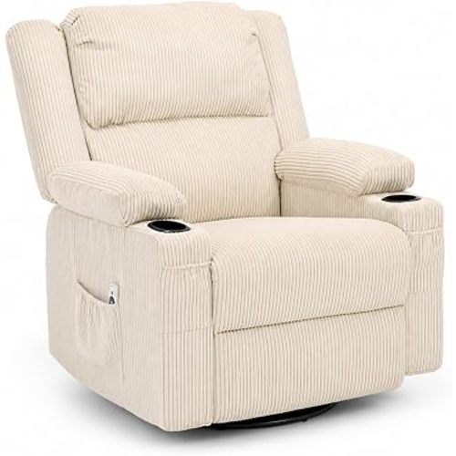 Manual 360° Swivel Rocker Recliner, Nursery Glider Heat Vibration,Creme