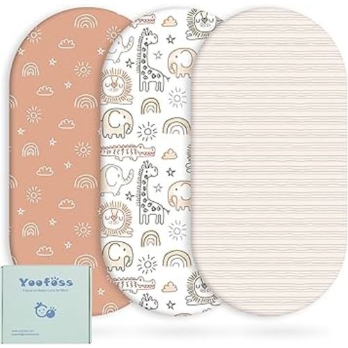 Yoofoss Bassinet Sheets for Baby,3-Pack Fitted Bassinet Sheets Set Compatible with Halo Bassinest Swivel Sleeper,Baby Delight,Angelbliss,Soft Breathable Bassinet Mattress Sheets (Brown+Animals)