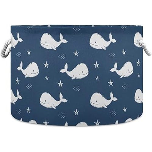 ZRCAIFUGIY Navy Blue Whale Round Storage Basket Ocean Animal Large Laundry Hamper Collapsible Organizer Bin Blanket Tote Bag for Bedroom Bathroom Nursery Living Room Decoration 20x14 Inches