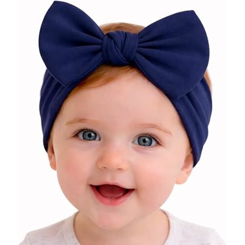 Baby Girl Headbands 0–6 Months – Newborn Infant Soft Cotton Handmade Bow Headband, Stretchy No Mark Baby Hair Accessories (Navy Blue, 0-6 Month)