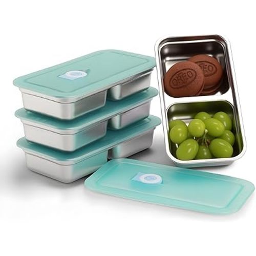 Stainless Steel Snack Container Set, Food Container with 2 Compartments, 20 oz Capacity, Toddler Snack Containers, Leakproof Lid, Stackable (4)